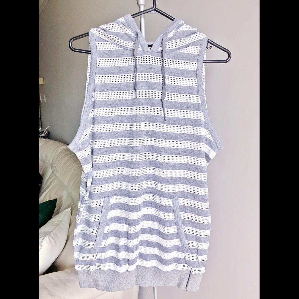 LB-03 Striped Grey White Sleeveless Hooded Tank